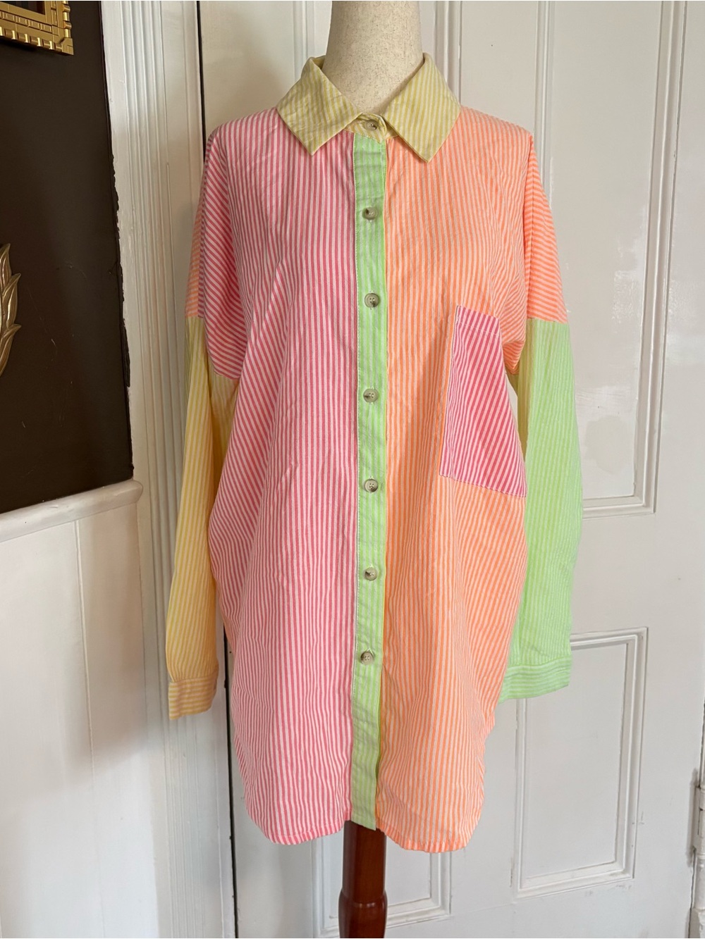 Davi & Dani Colorblock Striped Button Down Shirt Dress Pink Orange Green